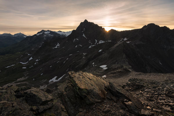 Sunrise from the top of Mount Gaviola, Gavia pass in Lombardy, Italy