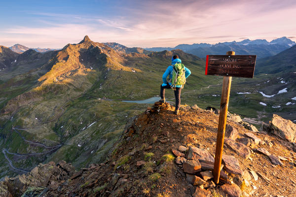 Sunrise from the top of Mount Gaviola, Gavia pass in Lombardy, Italy