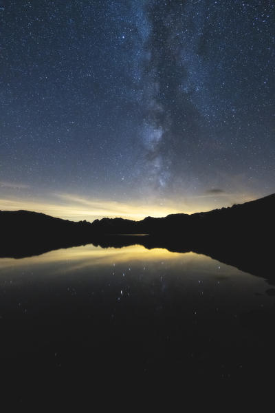 Milky Way at the White Lake at the Gavia Pass, Brescia province, Lombardy, Italy.