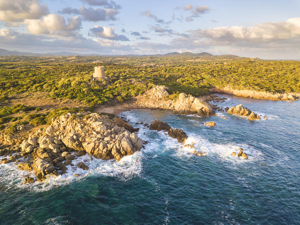 Aerial view at dawn in Vignola mare, Sassari province, Gallura, Sardinia, Italy, Europe.