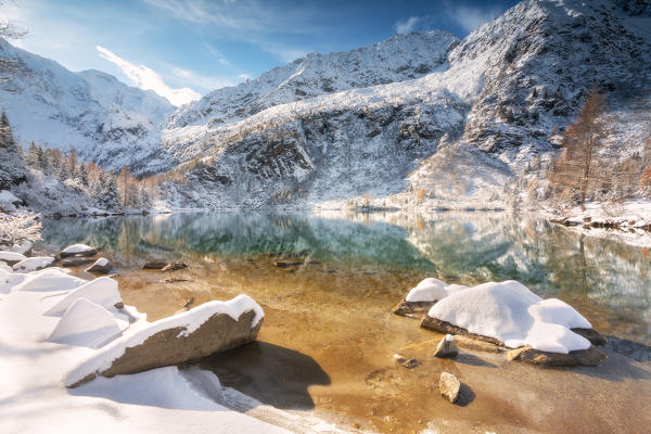 Autumn season in Aviolo lake, Vallecamonica, Brescia province, Lombardy, Italy, Europe