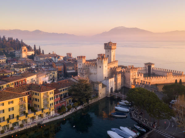 Aerial view at dawn of Sirmione village in Garda lake, Lombardy district, Brescia province, Italy, Europe.