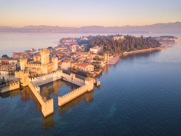 Aerial view at dawn of Sirmione village in Garda lake, Lombardy district, Brescia province, Italy, Europe.