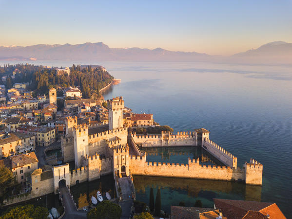 Aerial view at dawn of Sirmione village in Garda lake, Lombardy district, Brescia province, Italy, Europe.