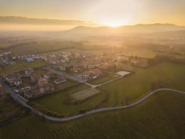 Franciacorta aerial view in Brescia province, Lombardy, Italy, Europe.