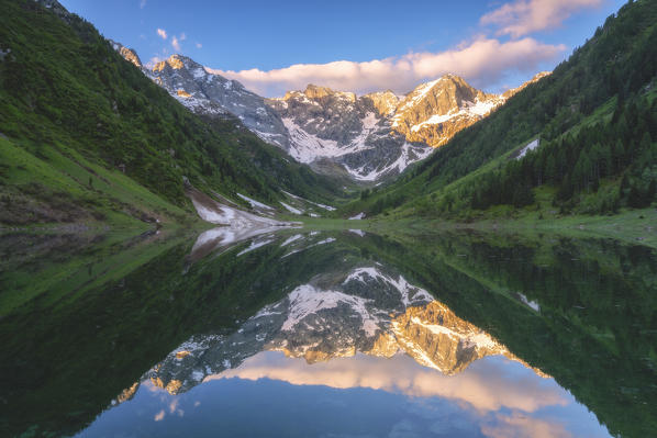 Zappello lake sunrise in Orobie alps, Valtellina, Ambria valley in Lombardy, Italy.