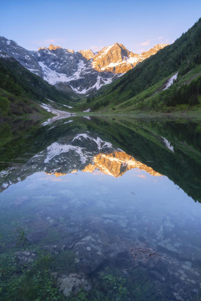 Zappello lake sunrise in Orobie alps, Valtellina, Ambria valley in Lombardy, Italy.