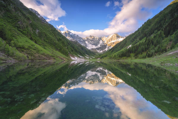 Zappello lake sunrise in Orobie alps, Valtellina, Ambria valley in Lombardy, Italy.