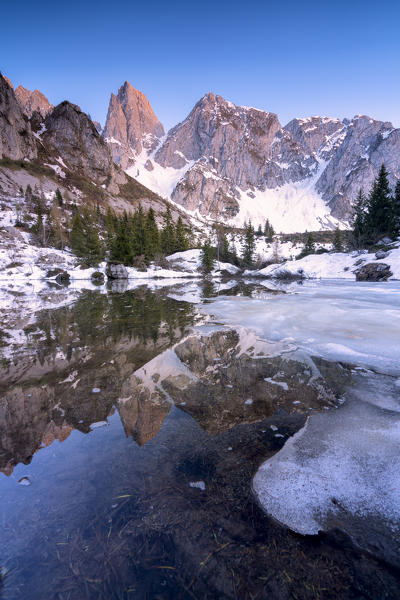 Thaw view Cimon della Bagozza; Scalve valley in Bergamo province, Lombardy, Italy.