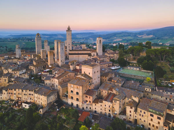 San Gimignano aerial view at dawn, Siena province, Tuscany, Italy, Europe