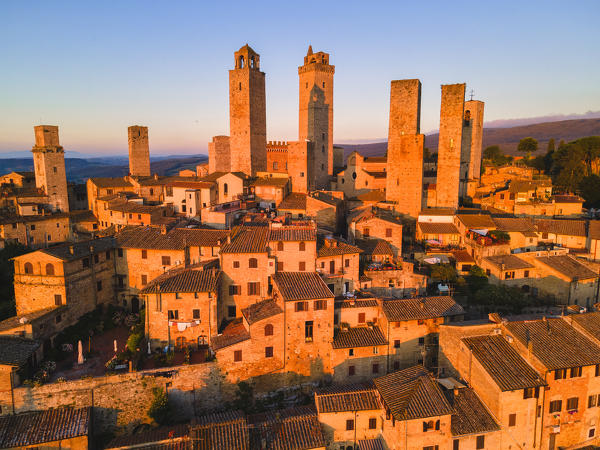 San Gimignano aerial view at dawn, Siena province, Tuscany, Italy, Europe