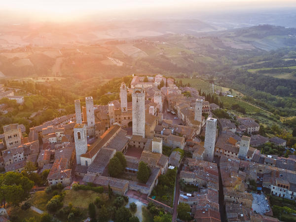 San Gimignano aerial view at dawn, Siena province, Tuscany, Italy, Europe