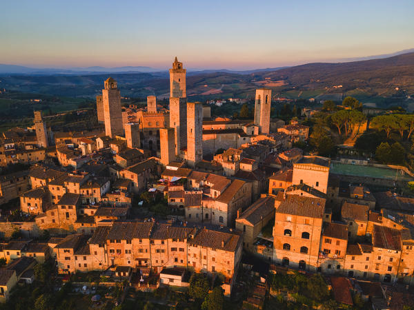 San Gimignano aerial view at dawn, Siena province, Tuscany, Italy, Europe