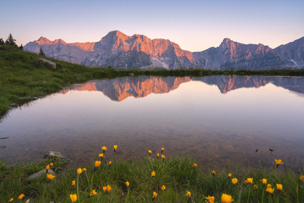 Sunset in Zulino pass and zulino lake in Orobie alps, Lombardy district, Bergamo province, Italy, Europe.