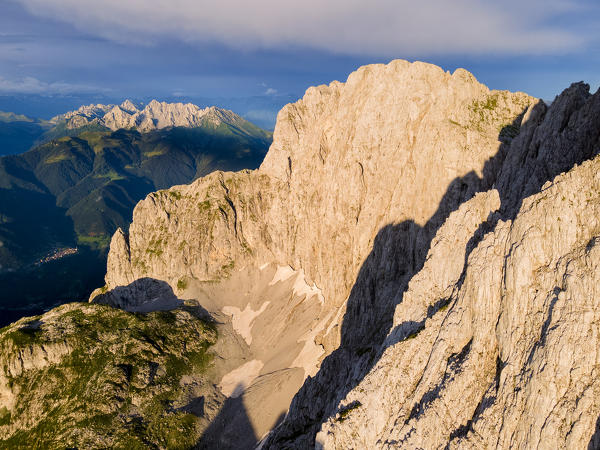 Mount Presolana aerial view at sunset in Orobie alps, Bergamo province, Lombardy district, Italy, Europe.