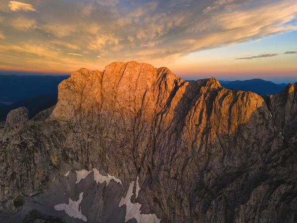 Mount Presolana aerial view at sunset in Orobie alps, Bergamo province, Lombardy district, Italy, Europe.