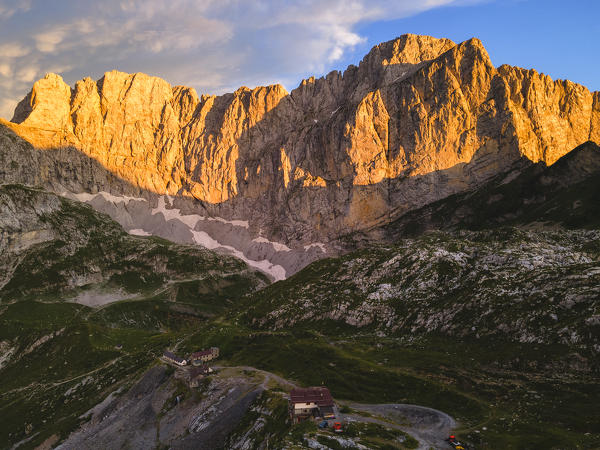 Mount Presolana aerial view at sunset in Orobie alps, Bergamo province, Lombardy district, Italy, Europe.