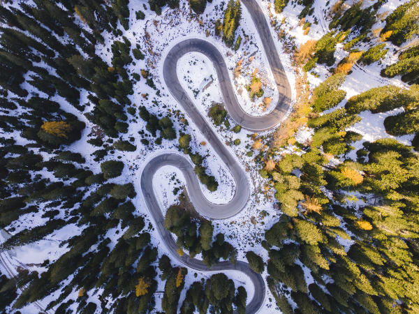 Alpine road of Giaupass aerial view in Dolomites, Unesco World Heritage site, Cortina d'Ampezzo, Veneto district, Italy, Europe.