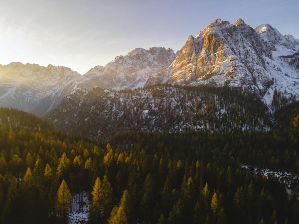 Aerial view at sunrise in Dolomites, Cortina d'Ampezzo, Veneto district, Italy, Europe.