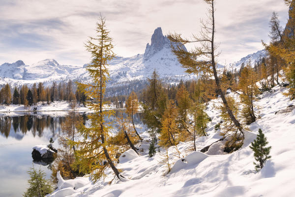 Federa lake in Autumn season, Cortina d'Ampezzo, Dolomiti Unesco World Heritage site in Veneto district, Italy, Europe.