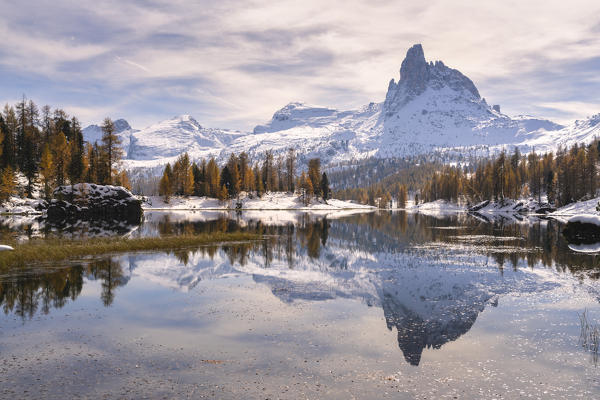 Federa lake in Autumn season, Cortina d'Ampezzo, Dolomiti Unesco World Heritage site in Veneto district, Italy, Europe.