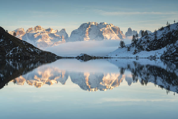 Sunset in Ritorto lake, Brenta dolomites in Campiglio, Trentino Alto Adige, Italy.