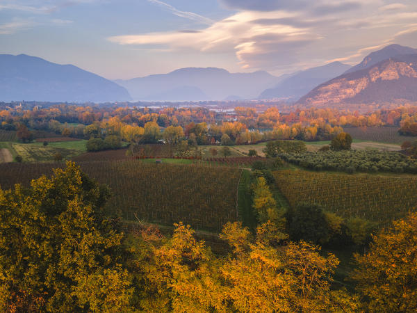 Sunset over Franciacorta and Torbiere del Sebino natural reserve, Brescia province in Italy, Lombardy, Europe.