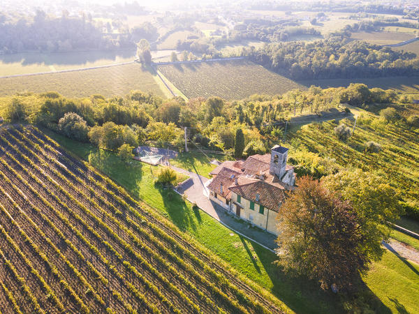 Aerial view of Franciacorta in autumn season, Brescia province, Lombardy district, Italy.