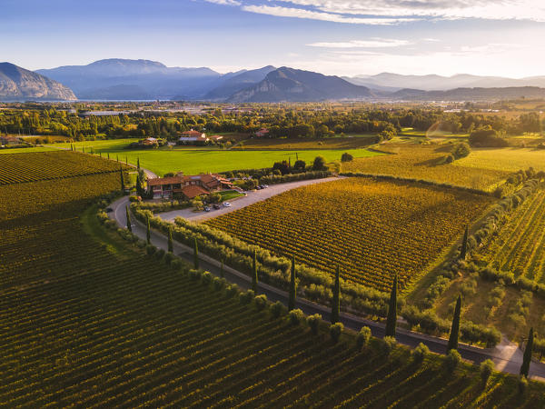 Aerial view of Franciacorta in autumn season, Brescia province, Lombardy district, Italy.