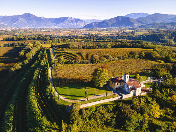 Aerial view of Franciacorta in autumn season, Brescia province, Lombardy district, Italy.