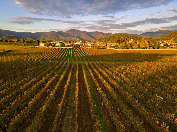 Aerial view of Franciacorta in autumn season, Brescia province, Lombardy district, Italy.