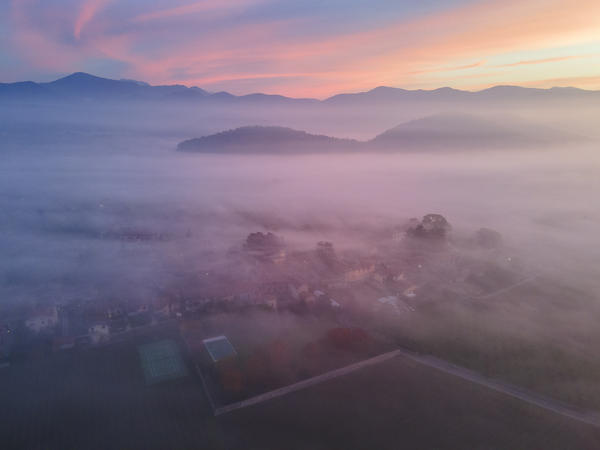 Aerial view of Franciacorta during a Sunrise, Lombardy district, Brescia province, Italy, Europe.