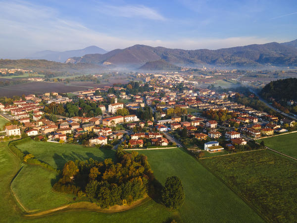 Village of Camignone in Franciacorta aerial view, Brescia province, Lombardy, Italy, Europe.