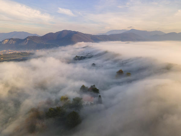 Aerial view of Franciacorta, Lombardy district, Brescia province, Italy, Europe.