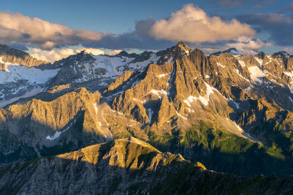 Presanella group at sunset view from Cima Casaiole in Stelvio national park, Brescia province, Lombardy, Italy, Europe.