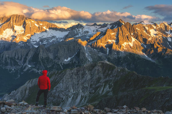 Presanella group at sunset view from Cima Casaiole in Stelvio national park, Brescia province, Lombardy, Italy, Europe.