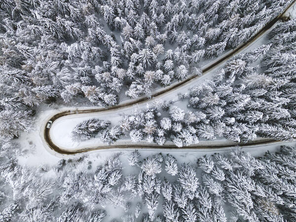 Driving in Winter road, Brescia prealpi in Lombardy, Brescia province, Italy, Europe.