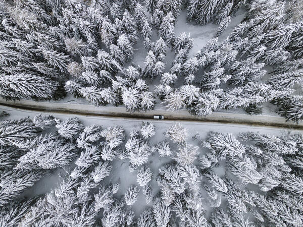 Driving in Winter road, Brescia prealpi in Lombardy, Brescia province, Italy, Europe.