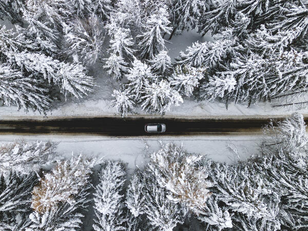 Driving in Winter road, Brescia prealpi in Lombardy, Brescia province, Italy, Europe.