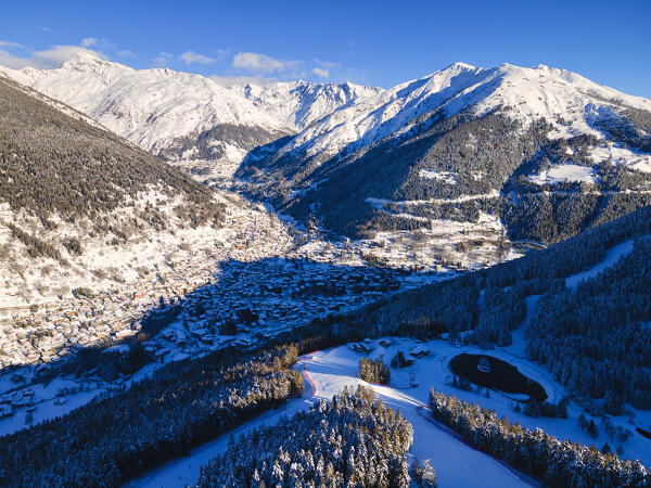 Ponte di Legno aerial view in winter season, Brescia province, Lombardy district, Italy, Europe.