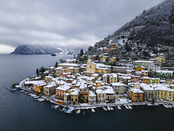 Aerial view of Peschiera Maraglio village in Montisola in winter season, Brescia province in Lombardy district, Italy, Europe.