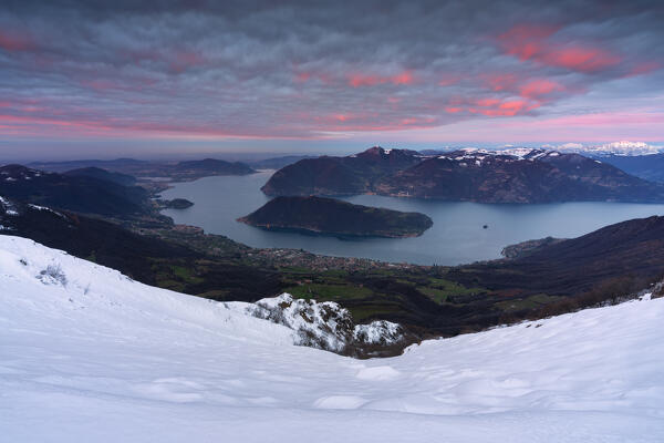 Sunrise view from Punta Almana in Iseo lake, Brescia province, Lombardy district, Italy, Europe.