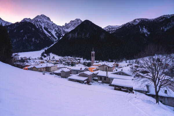 Sunrise in Schilpario Village in Bergamo province, Orobie alps in Lombardy district, Italy, Europe.