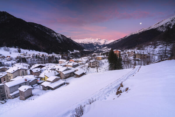 Sunrise in Schilpario Village in Bergamo province, Orobie alps in Lombardy district, Italy, Europe.