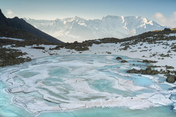 Alpine lakes at thaw in winter season, Brescia province in Lombardy district, Italy, Europe.