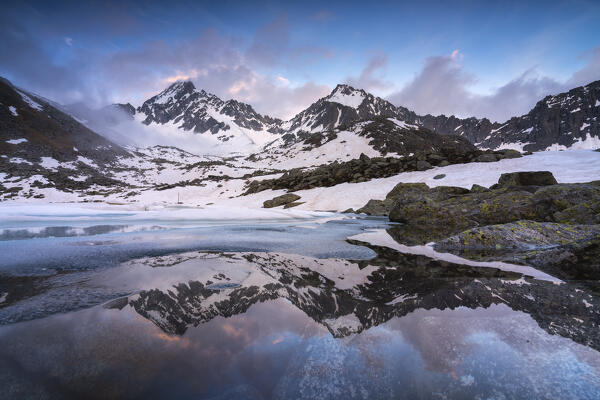 Alpine lakes at thaw in winter season, Brescia province in Lombardy district, Italy, Europe.