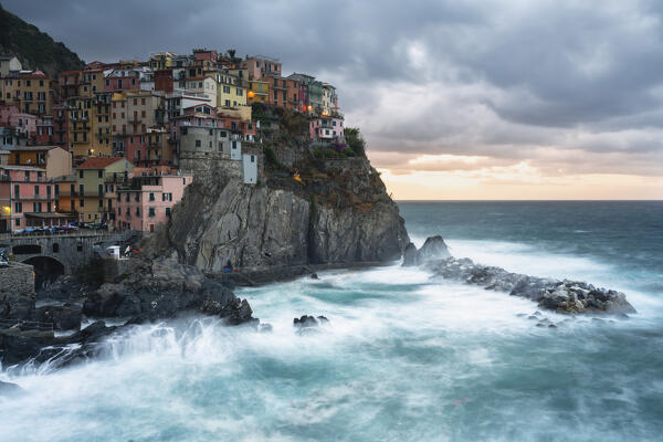 Sunrise in Manarola, Cinque terre natural park in Liguria, Italy, Europe.