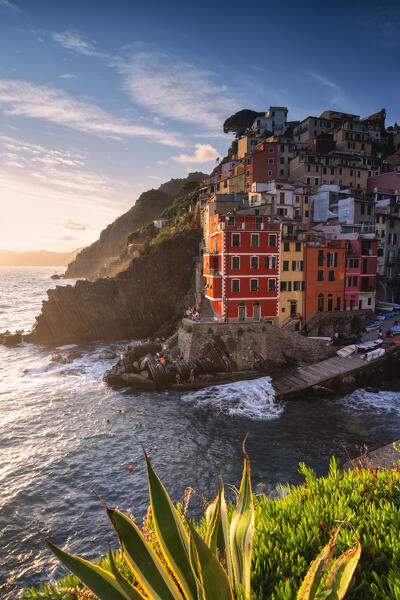 Riomaggiore at sunset, Cinque terre natural park in Liguria, Italy, Europe.