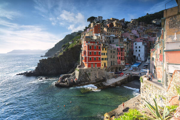 Riomaggiore at sunset, Cinque terre natural park in Liguria, Italy, Europe.