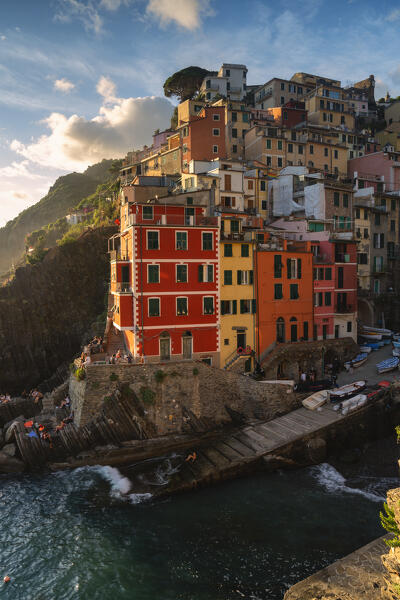 Riomaggiore at sunset, Cinque terre natural park in Liguria, Italy, Europe.